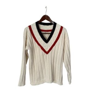 Vintage 90s Nautical Cable Knit Sweater Merona V-Neck Unisex MEDIUM